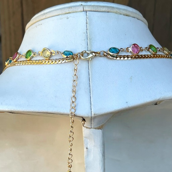 Beautiful multicolor faceted rhinestone 2 layer stainless steel gold necklace - Picture 8 of 8